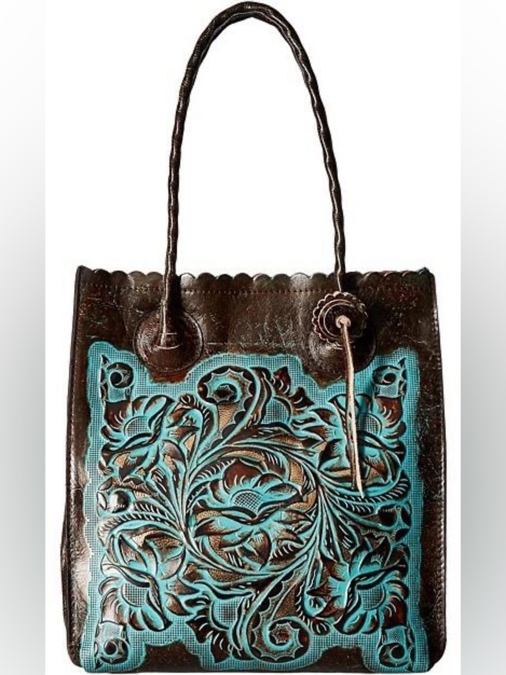 Patricia Nash Western Tooled Leather Turquoise Floral Tote Shoulder Bag